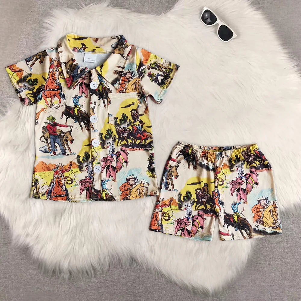 8 Print Western Kids Summer Buttons Pajamas Clothes Set Sibling Wear