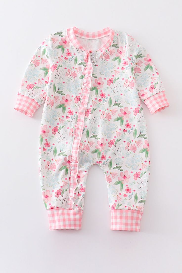 (Custom Design Preorder MOQ 5) Pink Flowers Print Baby Girls Zipper Romper