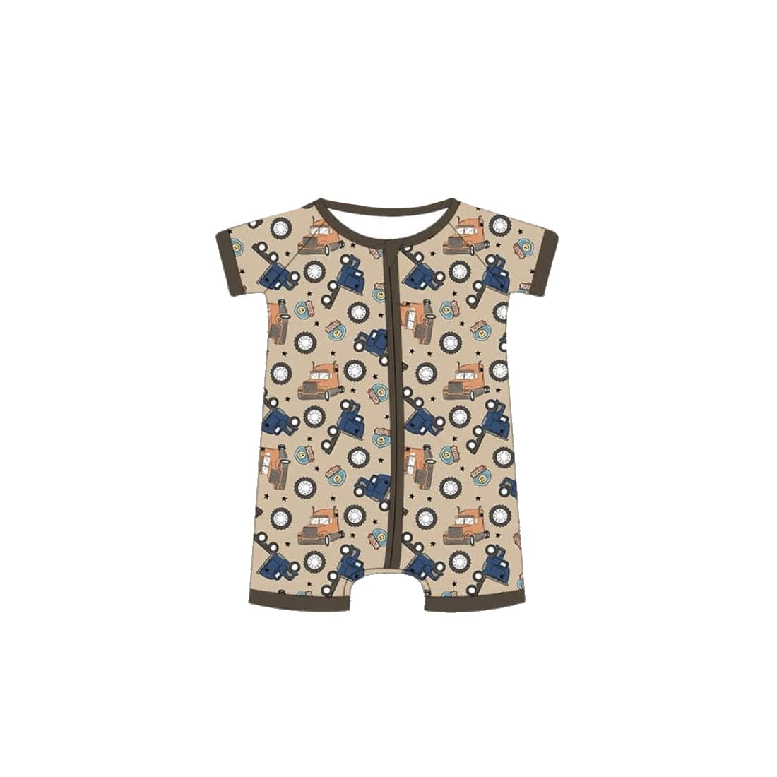 (Custom Design Preorder MOQ 5) Trucks Print Baby Boys Summer Zipper Sleeper Romper