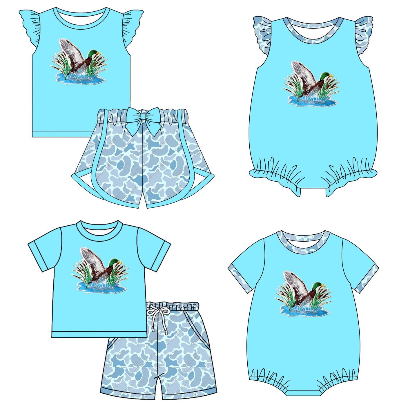 11.28(Custom Design Preorder MOQ 5 Each Design) Duck Aqua Camo Print Kids Summer Matching Clothes Sibling Wear