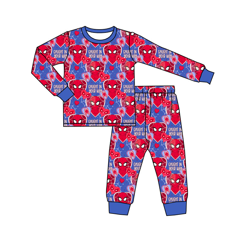 (Custom Design Preorder MOQ 20) Cartoon Spider Heart Print Boys Valentine's Day Pajamas Bamboo Clothes Set