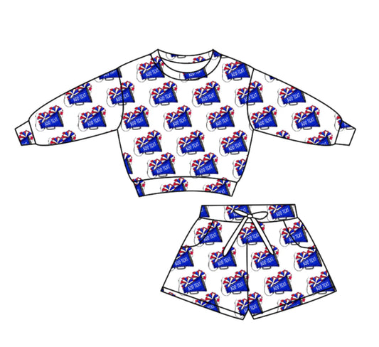 (Custom Design Preorder MOQ 5) Go Team Cheer Blue Long Sleeve Top Pockets Shorts Girls Clothes Set