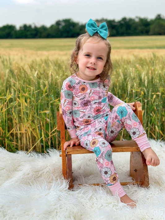 GLP0977 Boots Flowers Print Girls Western Pajamas Clothes Set