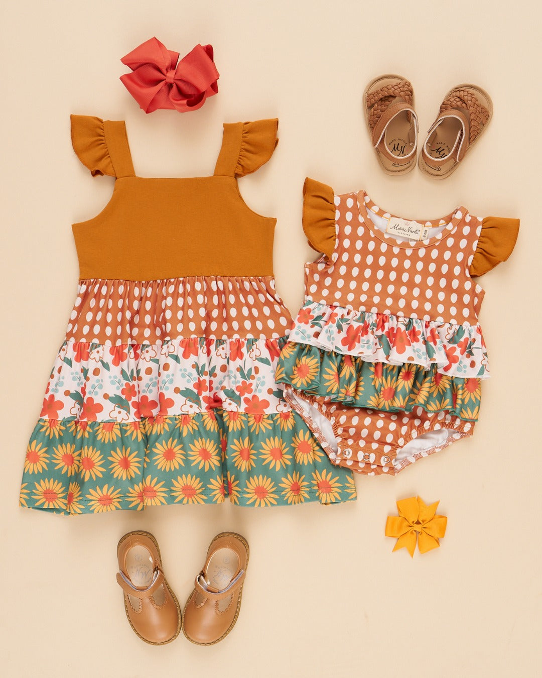 (Custom Design Preorder MOQ 5 Each Design) Brown Flowers Print Girls Summer Matching Clothes Sisters Wear