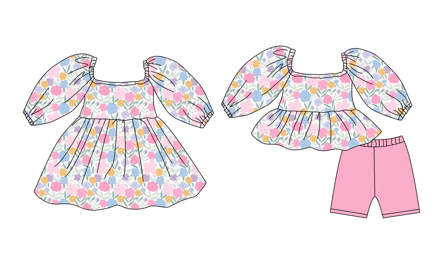 12.8 (Custom Design Preorder MOQ 5 Each Design) Colorful Flowers Print Girls Summer Matching Clothes Sisters Wear