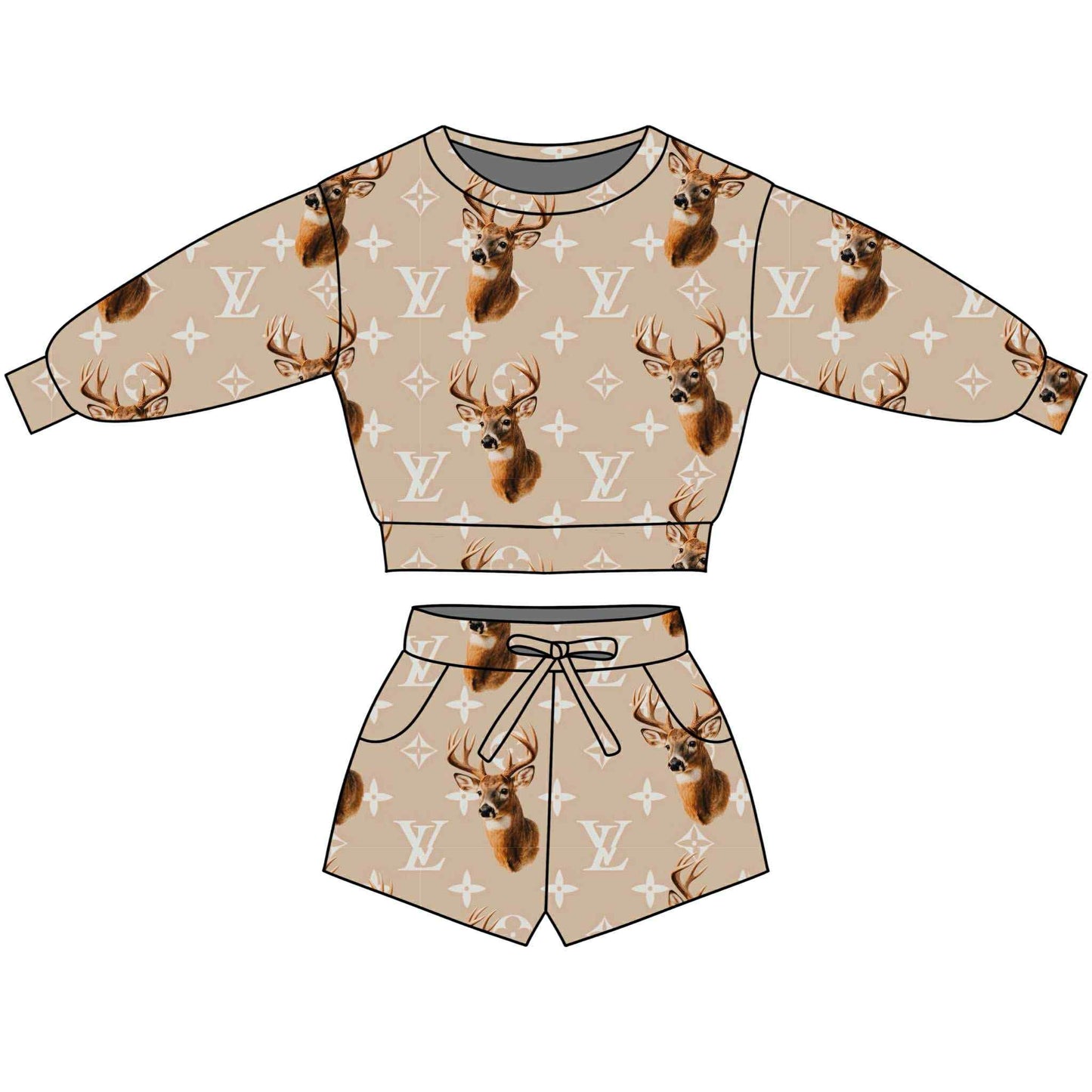 (Custom Design Preorder MOQ 5 Each Item) Deer L*V* Top Pockets Shorts Girls Clothes Set