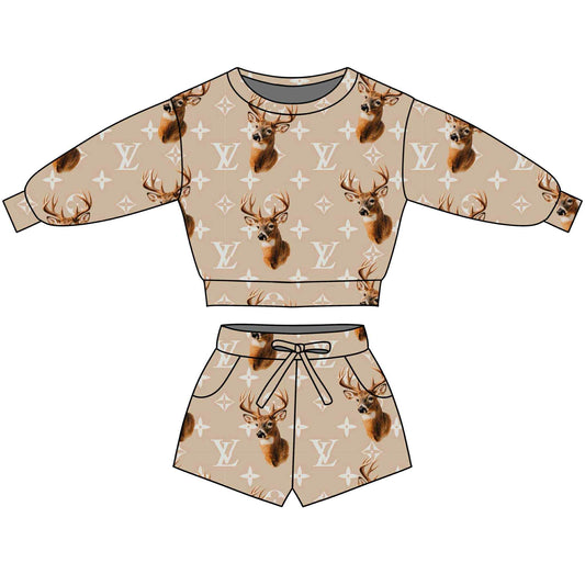 (Custom Design Preorder MOQ 5 Each Item) Deer L*V* Top Pockets Shorts Girls Clothes Set
