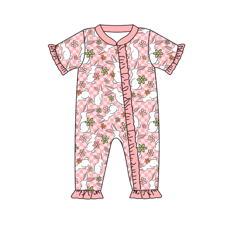 (Custom Design Preorder MOQ 20) Bunny Flowers Plaid Print Baby Girls Easter Bamboo Sleeper Zipper Romper