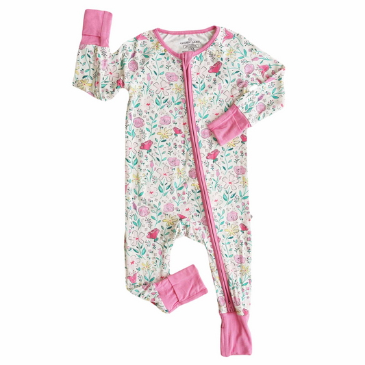 (Custom Design Preorder MOQ 20)  Pink Flowers Print Baby Girls Bamboo Fall Sleeper Zipper Romper