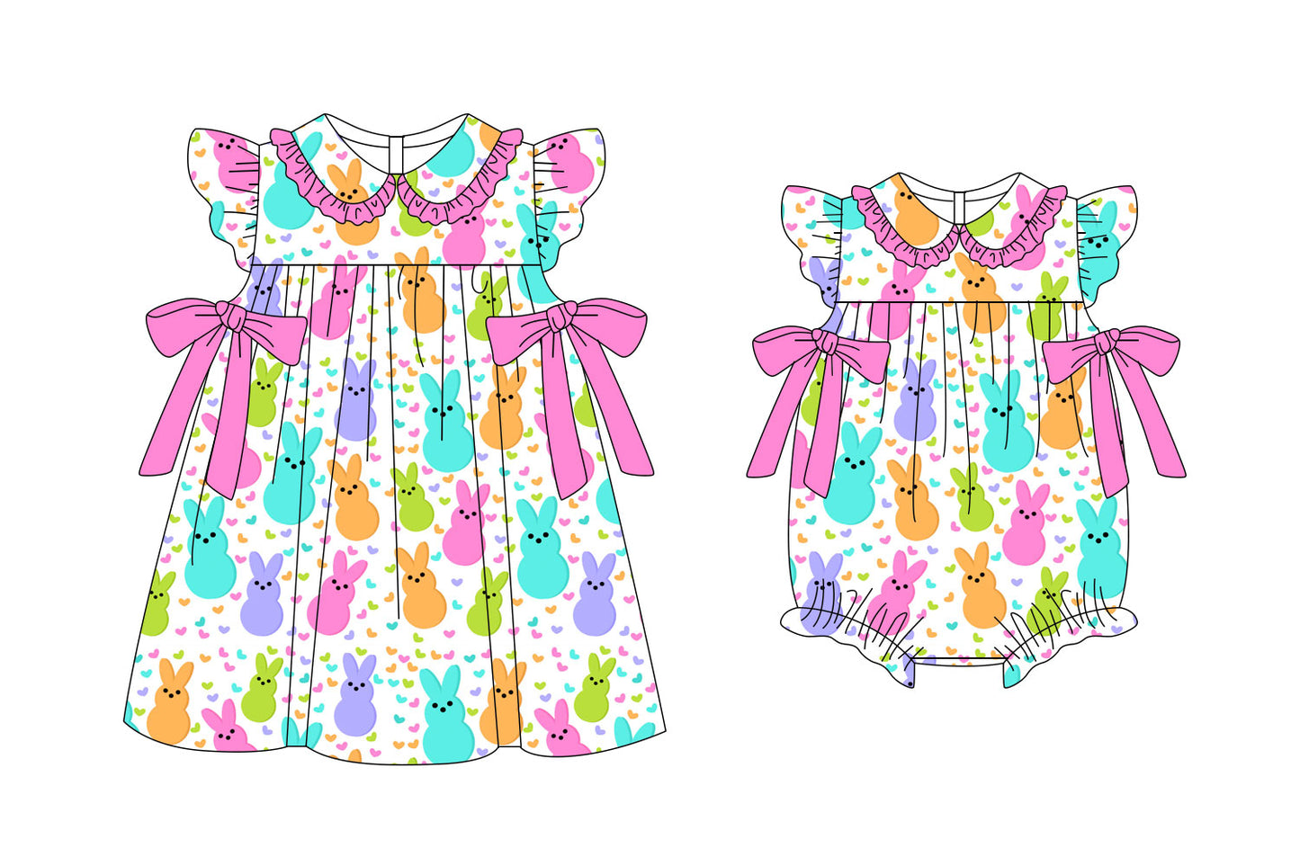 11.6(Custom Design Preorder MOQ 5 Each Design) Colorful Bunny Heart Print Girls Easter Matching Clothes Sisters Wear