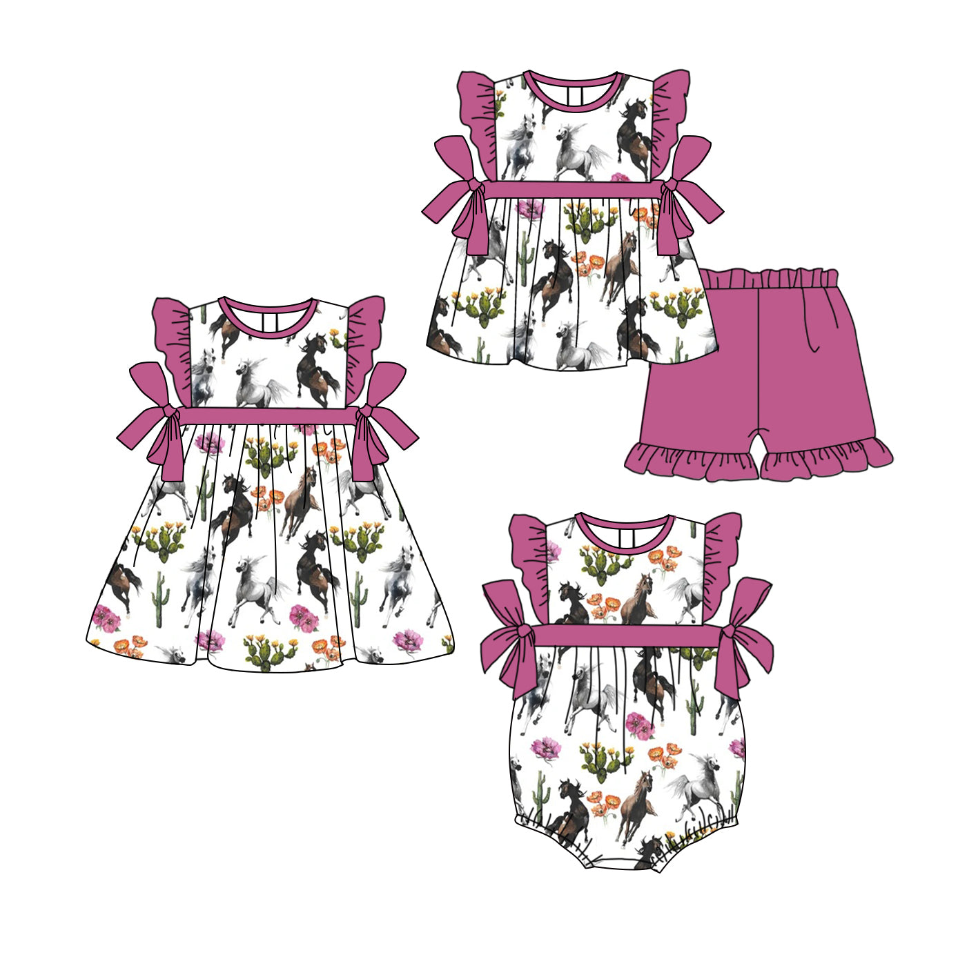 2.24(Custom Design Preorder MOQ 5 Each Design) Horse Cactus Print Girls Summer Matching Clothes Sisters Wear