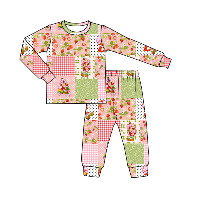 (Custom Design Preorder MOQ 5) Strawberry Pink Plaid Print Kids Pajamas Clothes Set