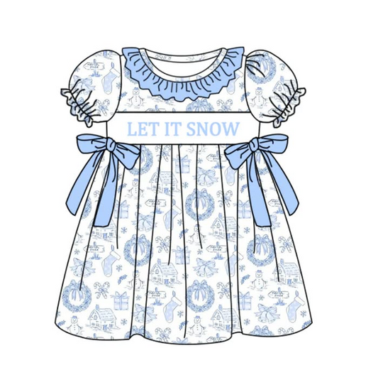 (Custom Design Preorder MOQ 5 ) Let It Snow Blue Print Girls Knee Length Dress