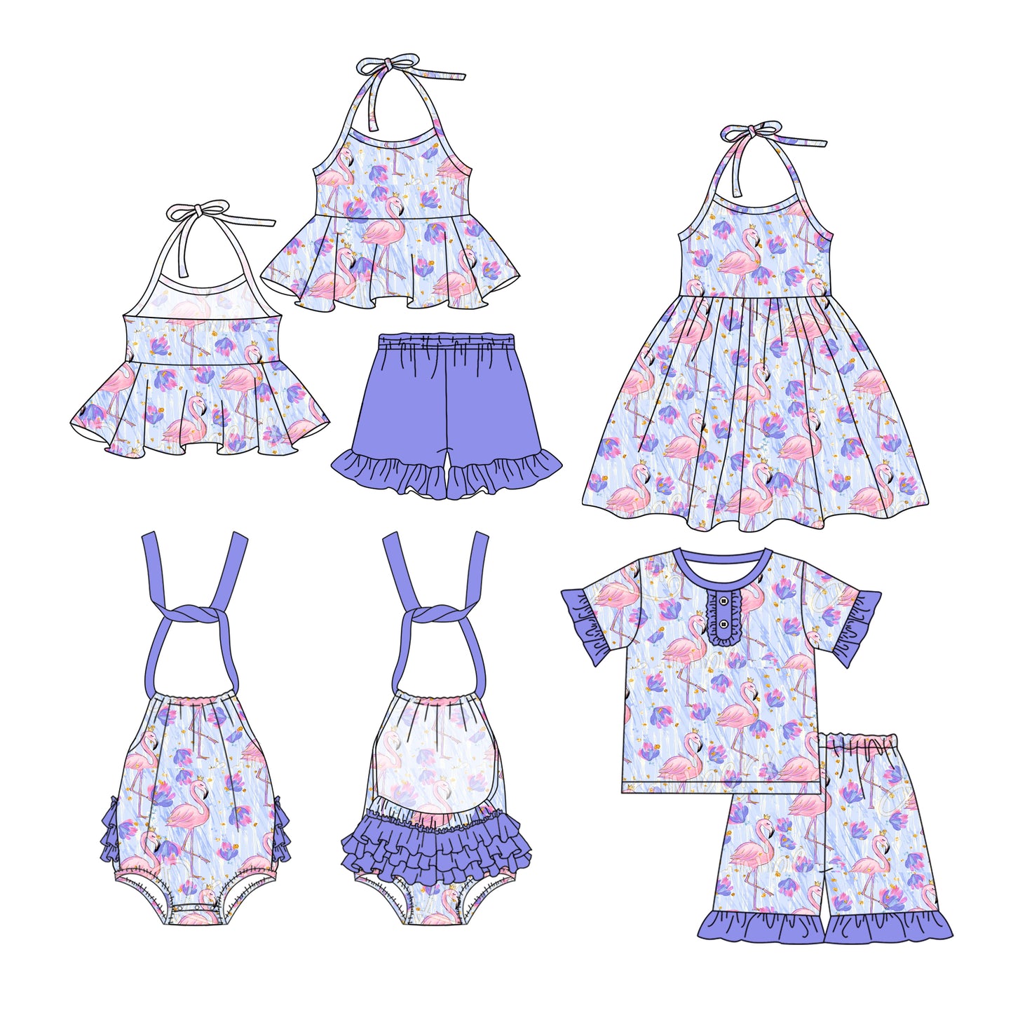 1.6(Custom Design Preorder MOQ 5 Each Design) Flamingo Print Girls Summer Western Matching Clothes Sisters Wear