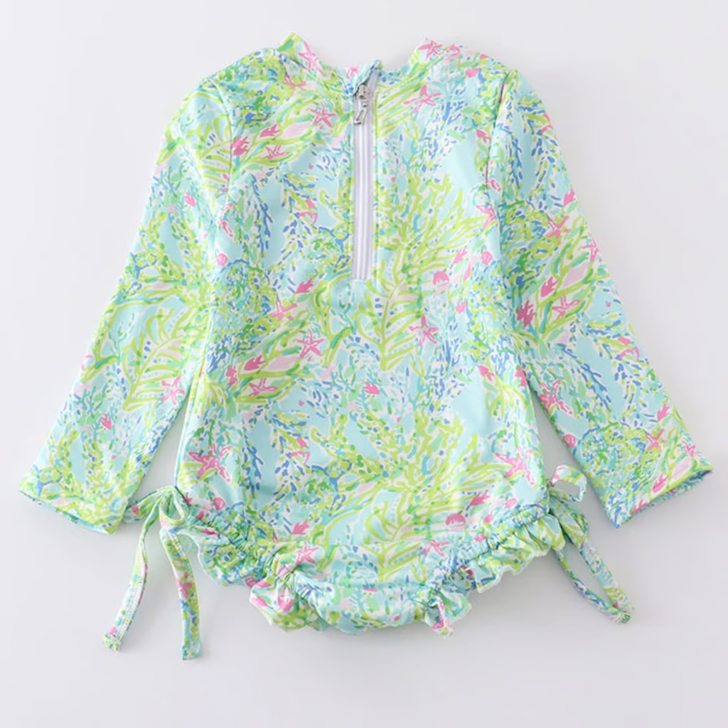 (Custom Design Preorder MOQ 5) Turtles Print Girls 1 Piece Long Sleeve Zipper Swimsuits