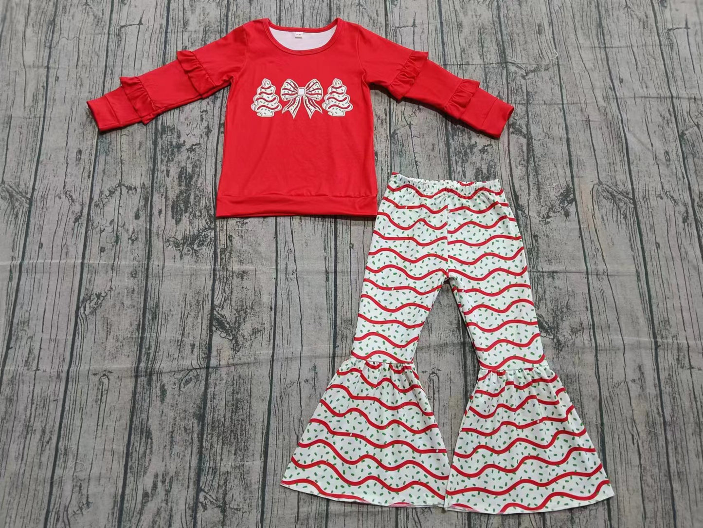 (Custom Design Preorder MOQ 5) Debbie Cake Bows Red Top Bell Pants Girls Christmas Clothes Set