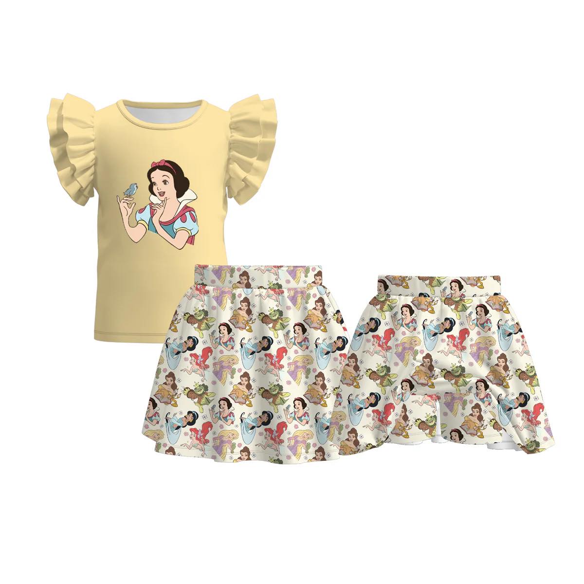 (Custom Design Preorder MOQ 5) Cartoon Princess Top Skirts Shorts Girls Summer Clothes Set