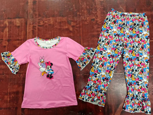 (Custom Design Preorder MOQ 5) Pink Top Cartoon Mouse Pants Girls Clothes Set