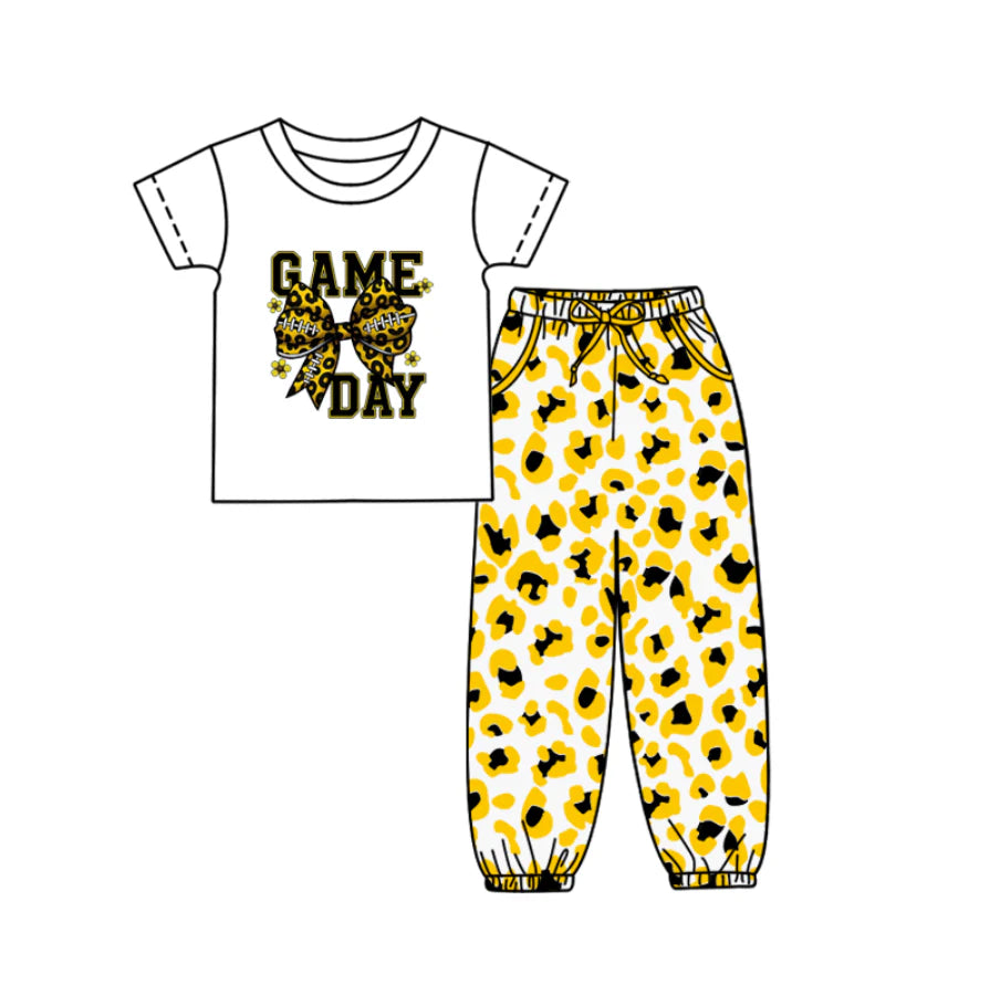 (Custom Design Preorder MOQ 5) Game Day Bow Top Yellow Leopard Joggers Pants Girls Clothes Set