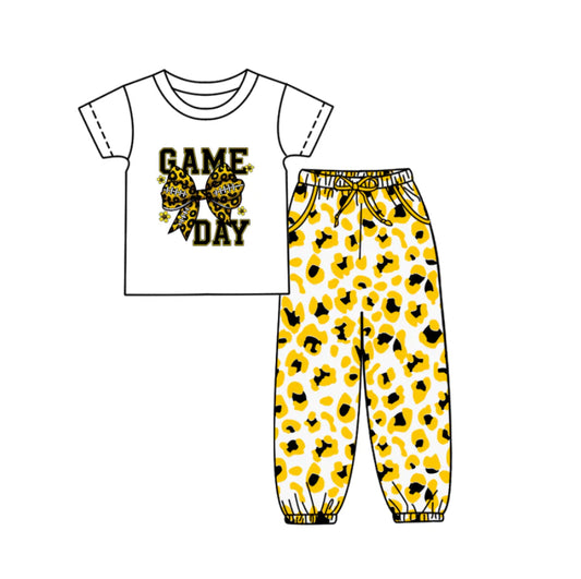 (Custom Design Preorder MOQ 5) Game Day Bow Top Yellow Leopard Joggers Pants Girls Clothes Set