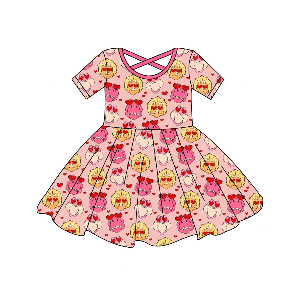 (Custom Design Preorder MOQ 5) Dino Heart Print Girls Valentine's Knee Length Dress