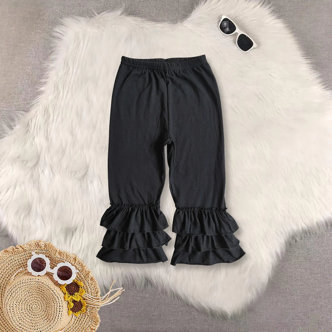 Ruffles Solid Color Girls Cotton Pants Sisters Wear