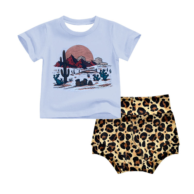 (Custom Design Preorder MOQ 5) Cactus Top Leopard Shorts Baby Girls Summer Bummie Set