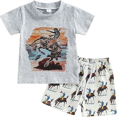 (Custom Design Preorder MOQ 5) Rodeo Grey Top Shorts Boys Summer Western Clothes Set