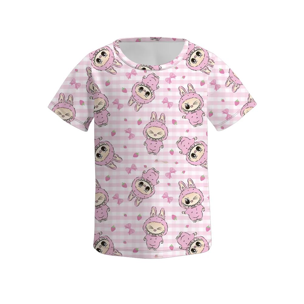 (Custom Design Preorder MOQ 5) Cartoon LABU* Strawberry Print Girls Summer Tee Shirts Top