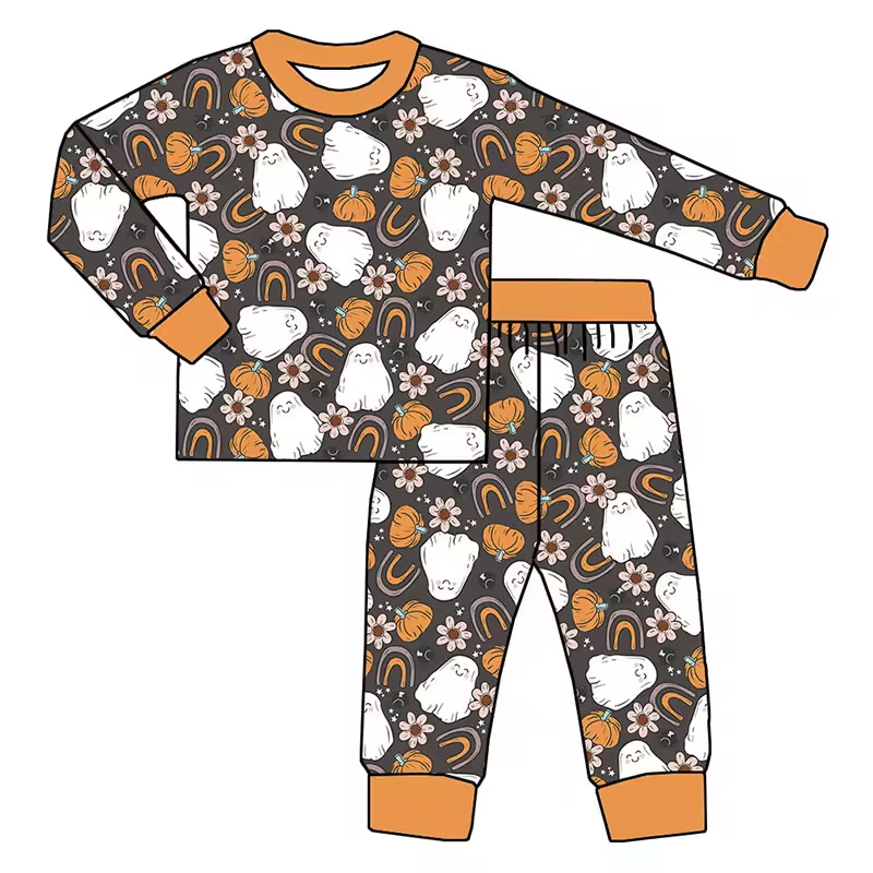 (Custom Design Preorder MOQ 5) Ghost Pumpkin Flowers Print Girls Halloween Pajamas Clothes Set
