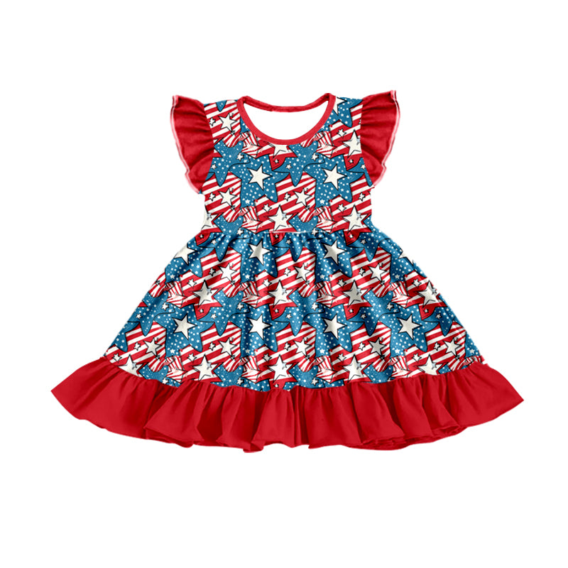 (Custom Design Preorder MOQ 5) Star Flag Print Girls 4th of July Knee Length Dress