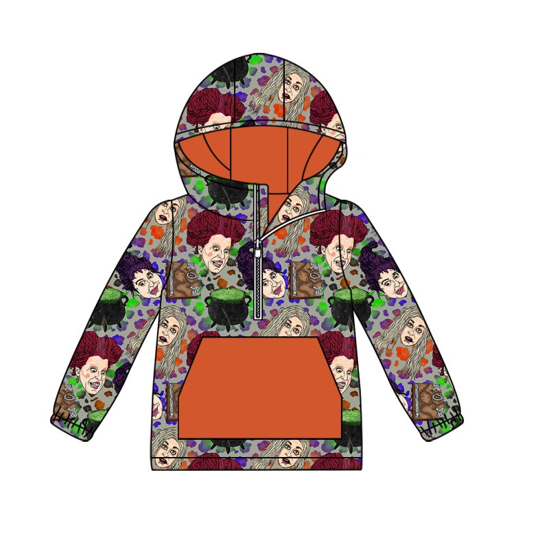 (Custom Design Preorder MOQ 5) Cartoon Witch Print Boys Halloween Hoodie Zipper Tops