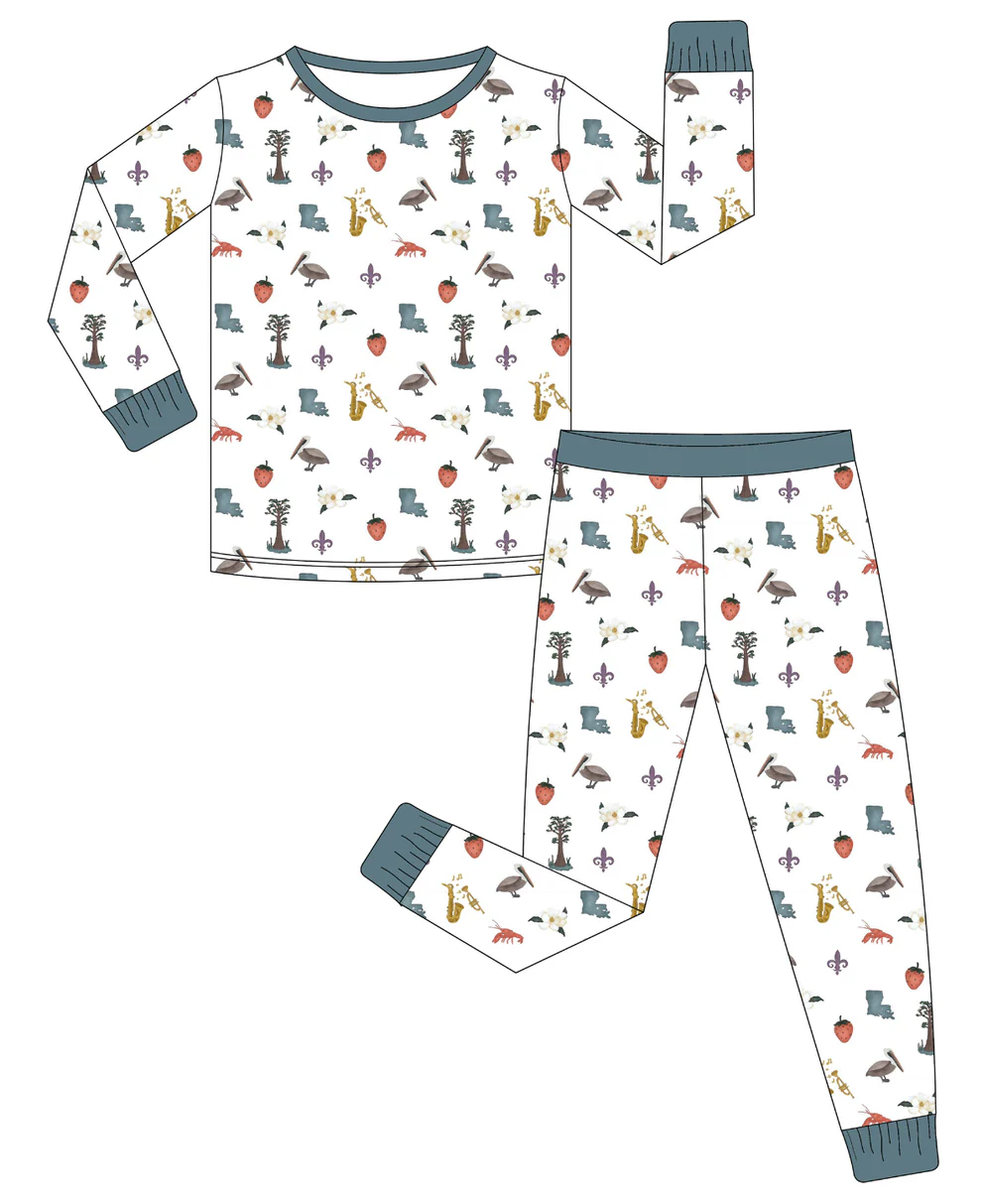 (Custom Design Preorder MOQ 5) Mardi Gras Print Boys Bamboo Pajamas Clothes Set
