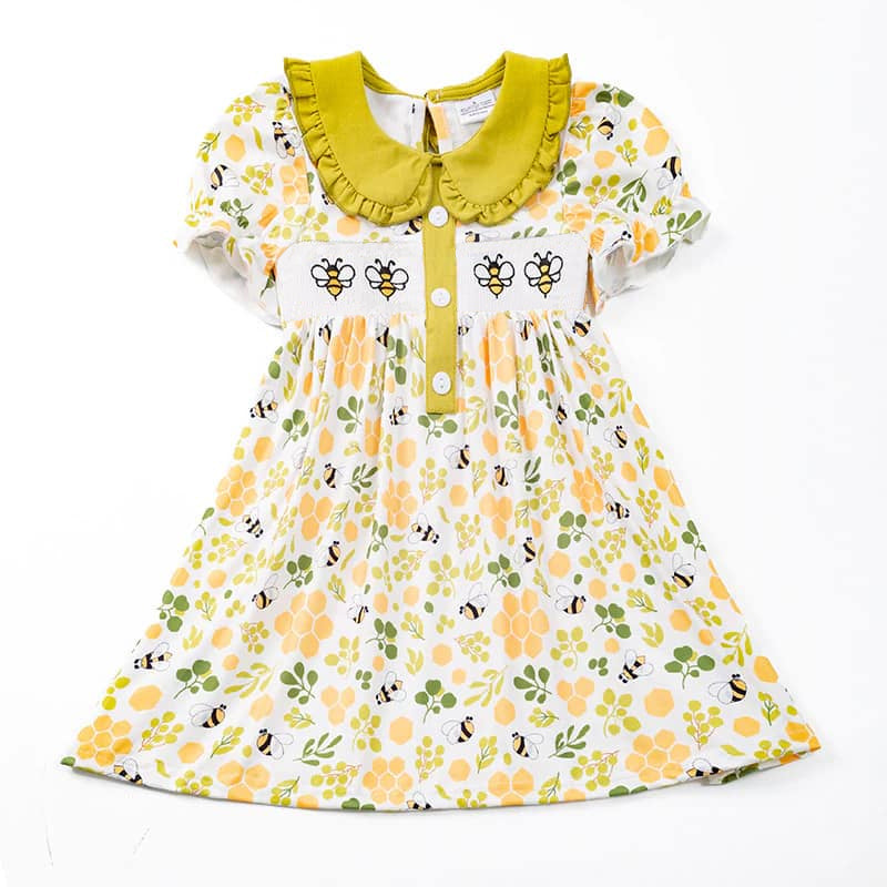 (Custom Design Preorder MOQ 5) Bee Flowers Print Girls Knee Length Summer Dress