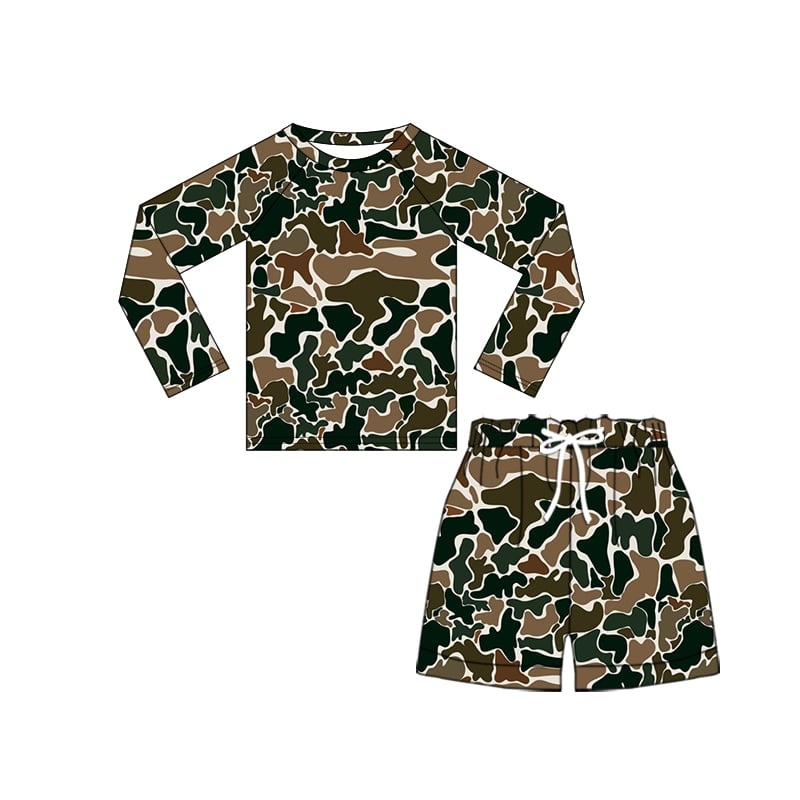 3.10(Custom Design Preorder MOQ 5) Brown Camo Print Boys Long Sleeve 2 Pieces Swimsuits