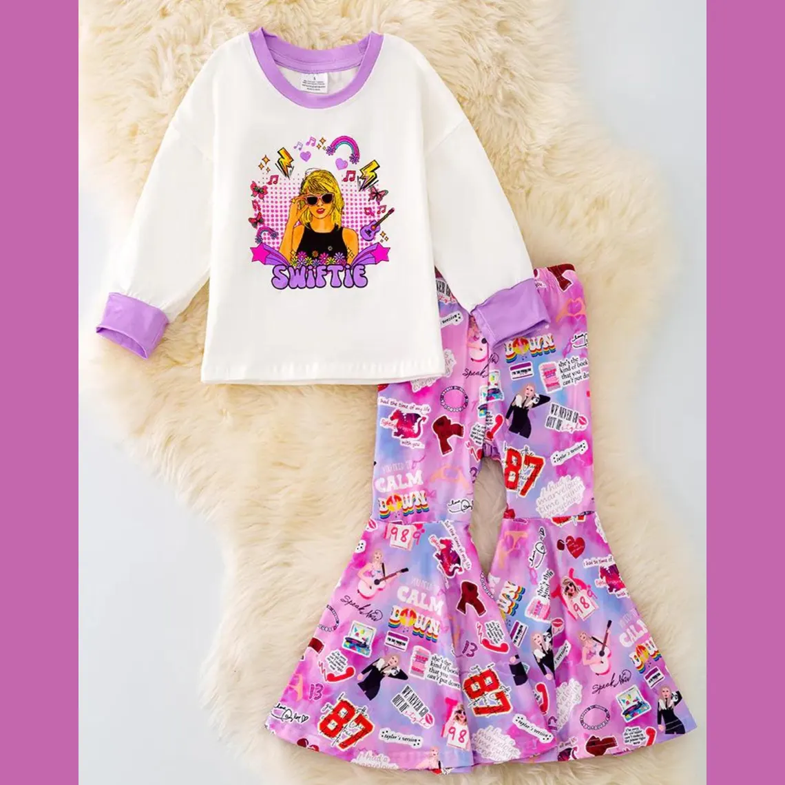 (Custom Design Preorder MOQ 5) Singer Swiftie Top Purple Bell Pants Girls Fall Clothes Set
