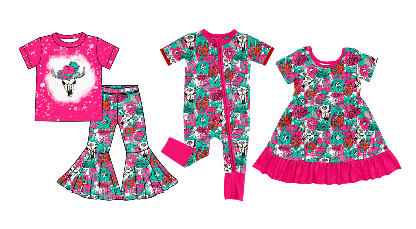 5.24(Custom Design Preorder MOQ 5 Each Design) Cow Skull Hat Hot Pink Print Girls Western Matching Clothes Sisters Wear