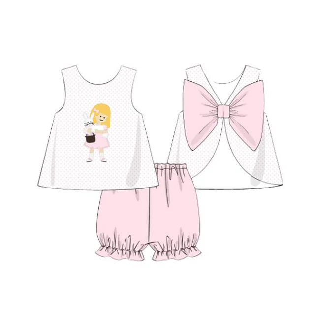 (Custom Design Preorder MOQ 5) Bunny Top Pink Shorts Girls Easter Clothes Set