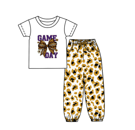 (Custom Design Preorder MOQ 5) Game Day Bow Top Gold Leopard Joggers Pants Girls Clothes Set