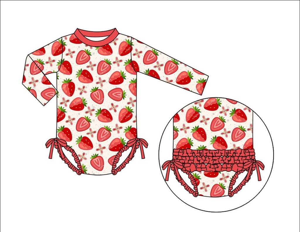 (Custom Design Preorder MOQ 5) Strawberry Print Ruffles Girls 1 Pieces Long Sleeve Swimsuits