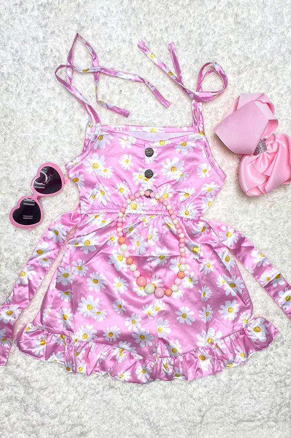(Custom Design Preorder MOQ 5) Pink Daisy Print Girls Summer Strap Jumpsuits