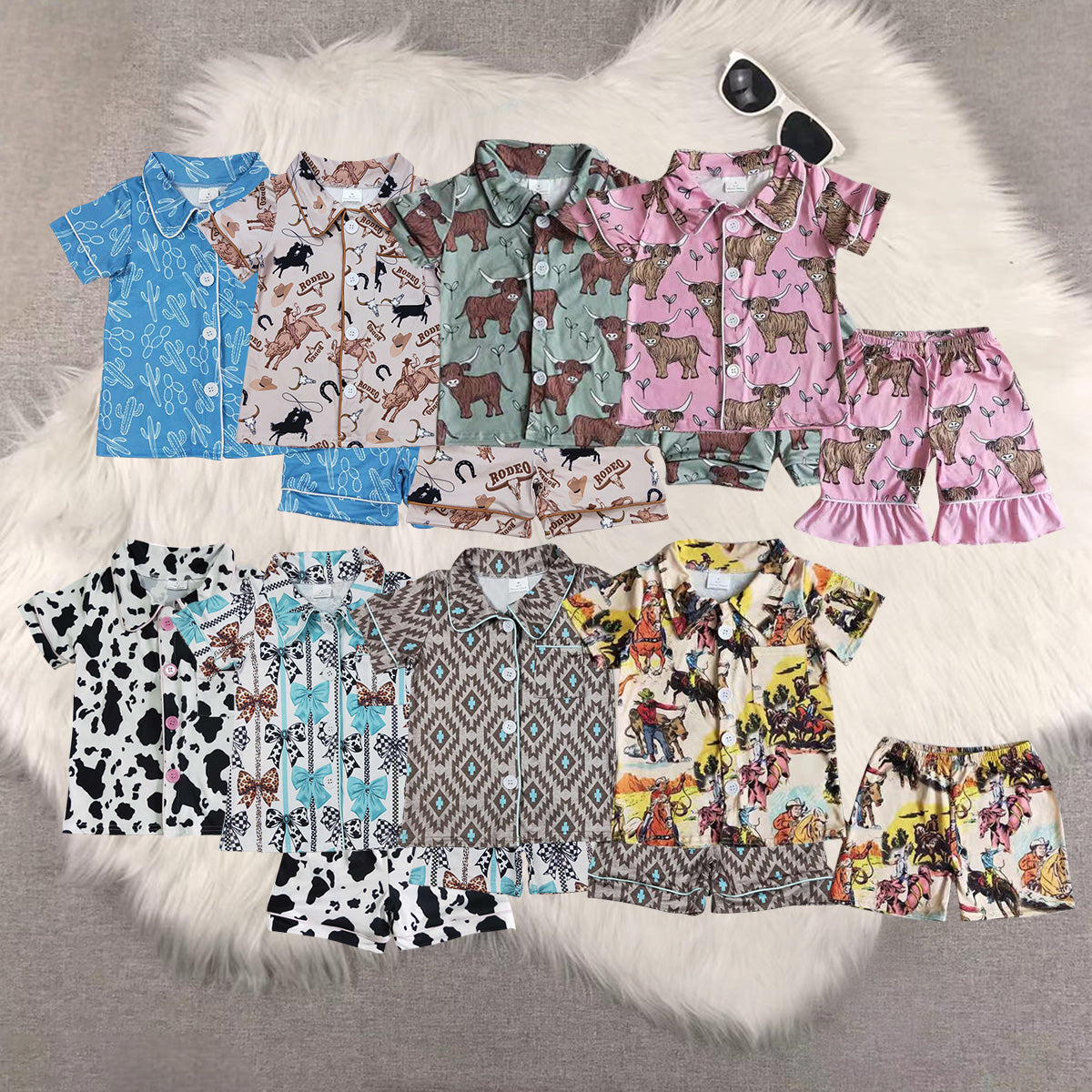 8 Print Western Kids Summer Buttons Pajamas Clothes Set Sibling Wear