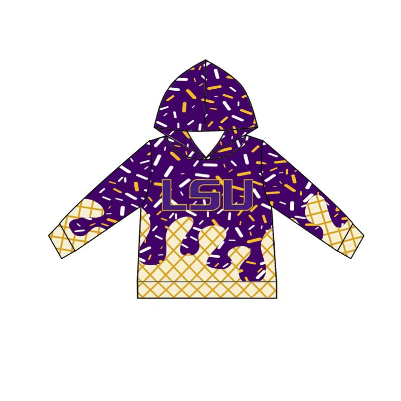 (Custom Design Preorder MOQ 5) Team's Purple LSU Sprinkles Print Kids Long Sleeve Hoodie Top
