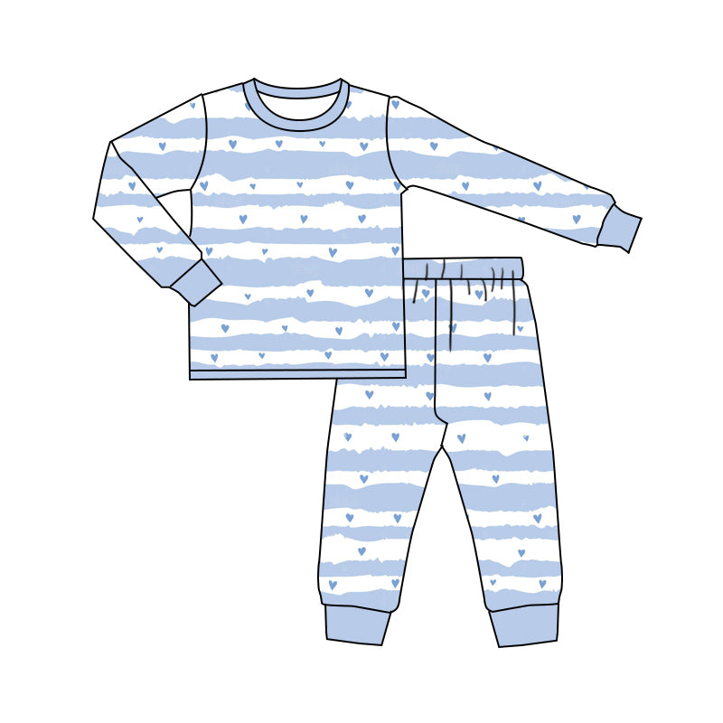 (Custom Design Preorder MOQ 20) Heart Blue Print Boys Valentine's Day Pajamas Bamboo Clothes Set