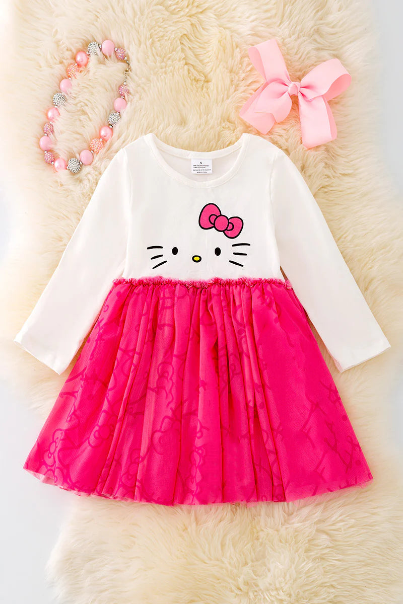 (Custom Design Preorder MOQ 5) Cartoon Cats Print Girls Knee Length Tulle Dress