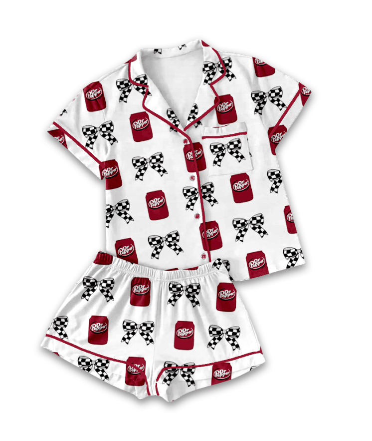 (Custom Design Preorder MOQ 5)Adult Drinks Bows Print Woman Buttons Summer Pajamas Clothes Set