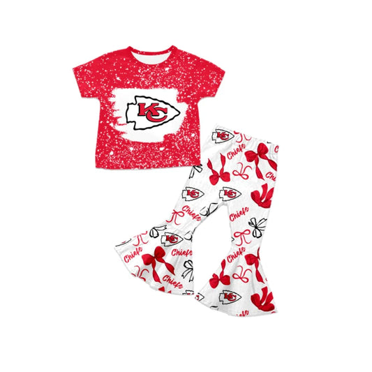 (Custom Design Preorder MOQ 5) Team's KC CHIEFS Top Bows Bell Pants Girls Clothes Set