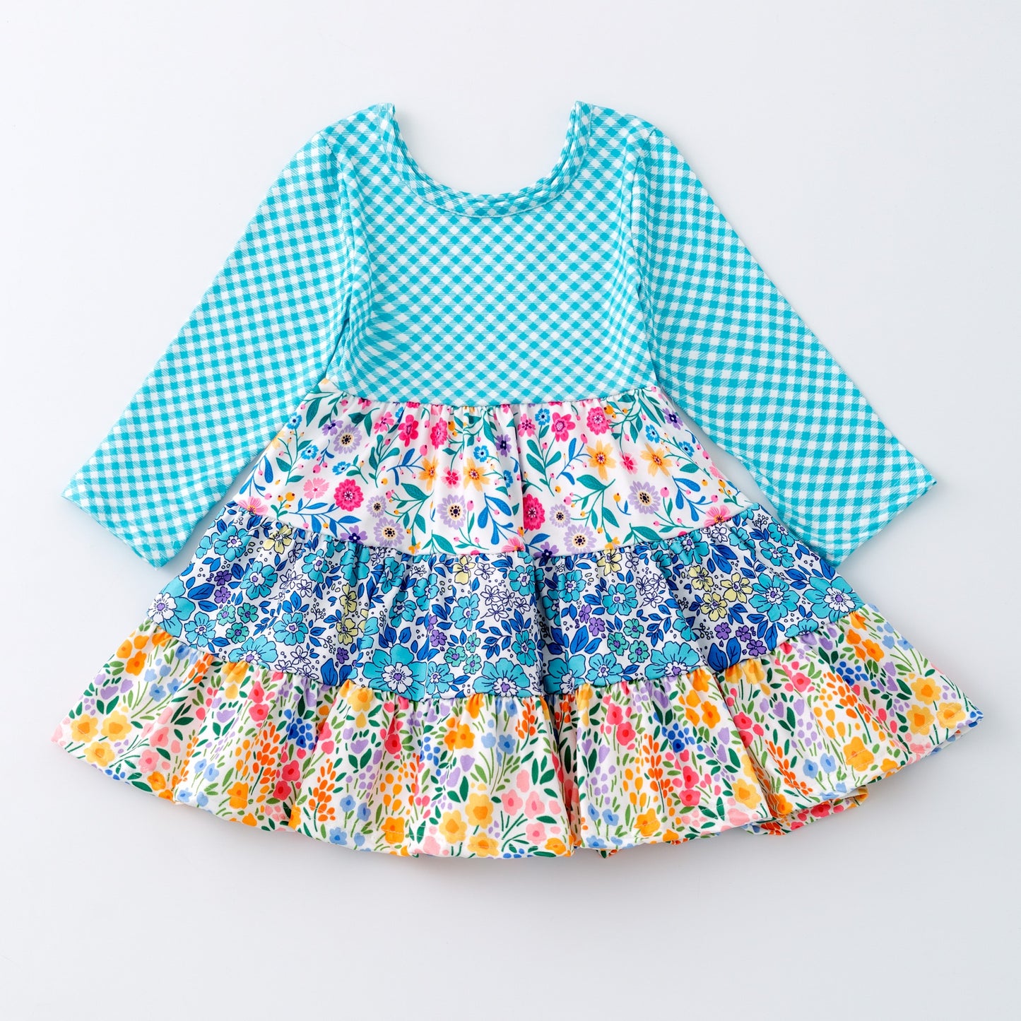 (Custom Design Preorder MOQ 5) Colorful Flowers Print Girls Long Sleeve Knee Length Dress