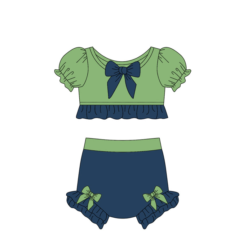 2.25(Custom Design Preorder MOQ 5) Cartoon Princess Green Navy Color Girls 2 Piece Swimsuits