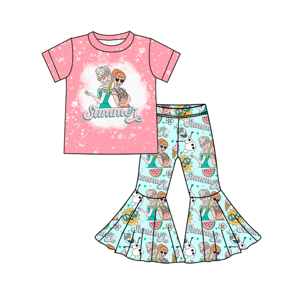 (Custom Design Preorder MOQ 5) Cartoon Princess Summer Print Bell Pants Girls Clothes Set